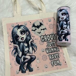Gothic Tote and Tumbler Set with Cartoon Design